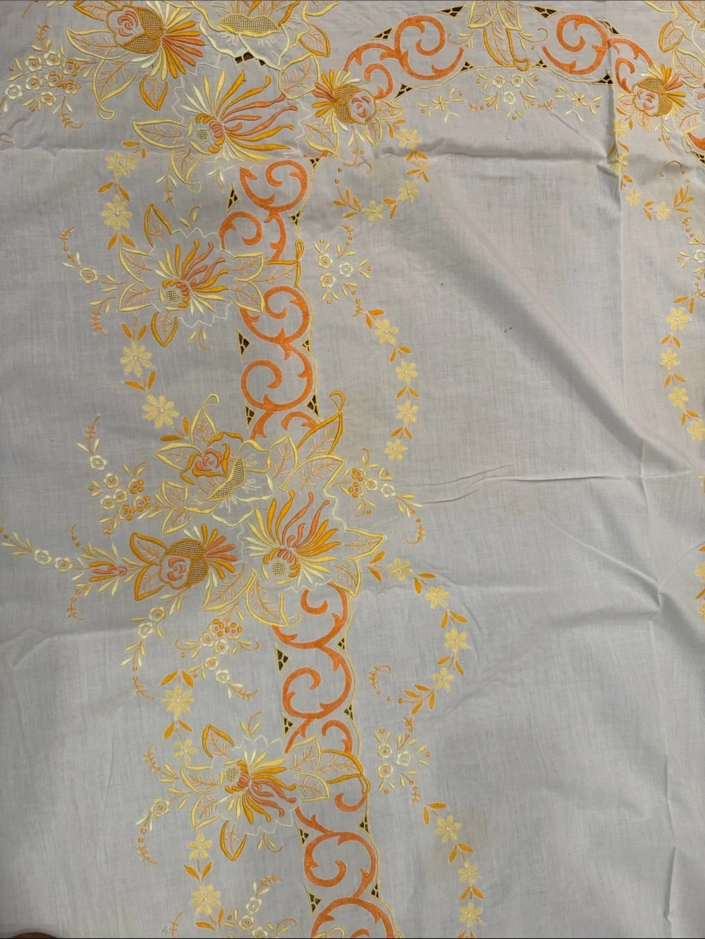 White vintage Tablecloth W/ Orange & Yellow Floral  Design. Size 114x64